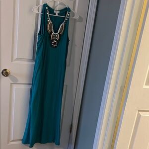 Susan Graver Teal Maxi Dress with Statement Necklace